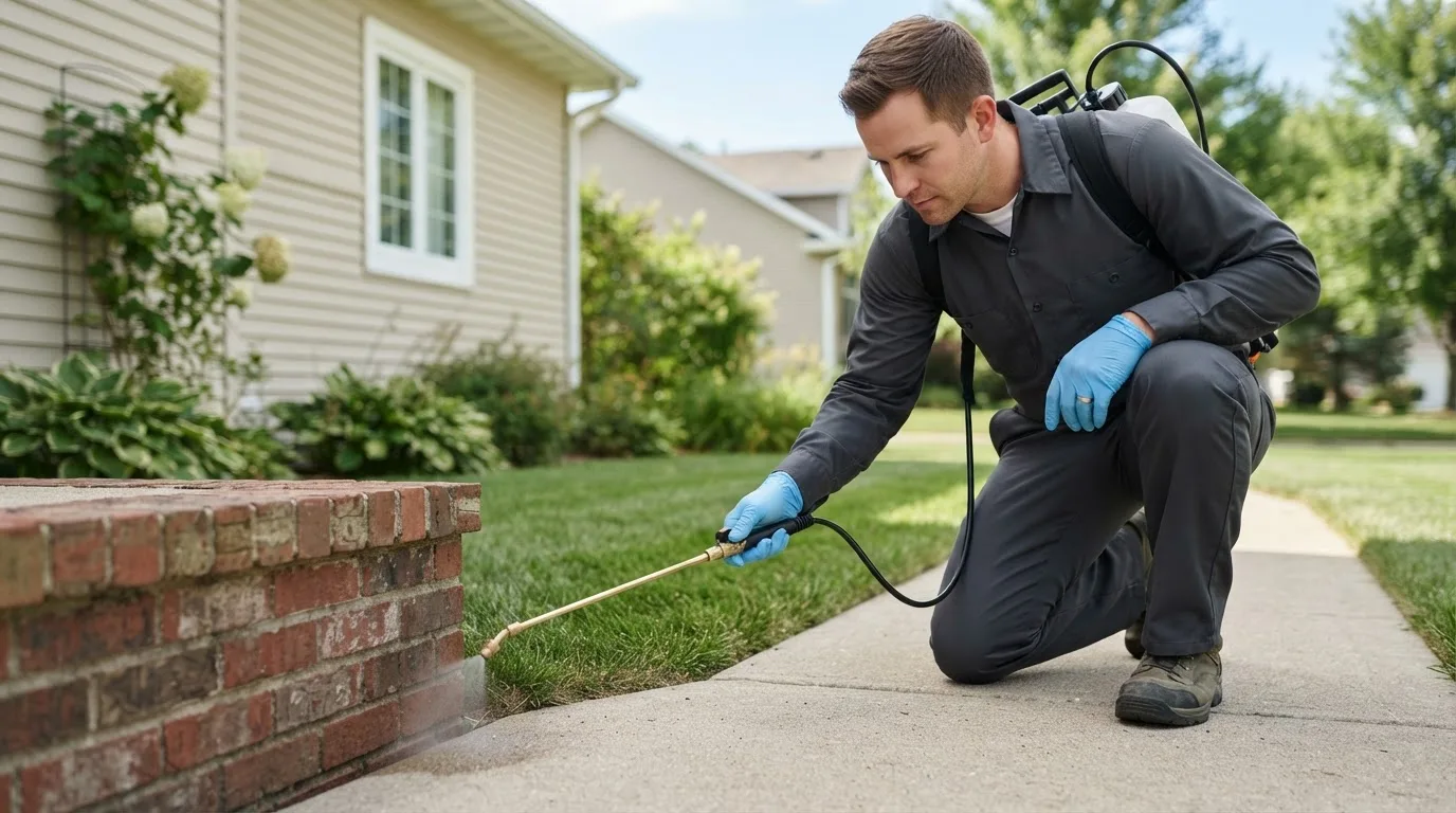 Pest control technician treating a home near Tuleta, TX